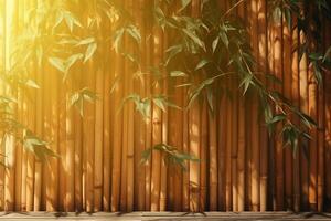 sunlight of tropical bamboo tree leaf shadow on brown wooden panel wall with wood grain. AI generative photo