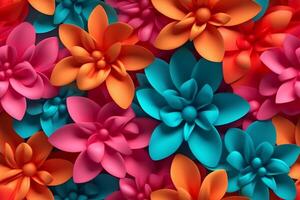 Beautiful 3D colorful flowers, fuchsia teal orange flowers color. photo