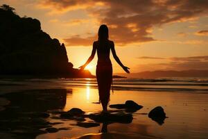 A cinematic and beautiful female active sportswear model, completing a yoga pose on a tranquil beach. AI generative photo