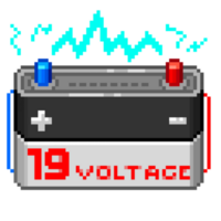 An 8-bit retro-styled pixel-art illustration of a 19 volt battery. png