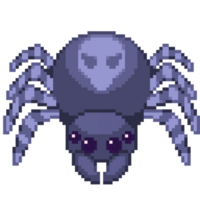 An 8-bit retro-styled pixel-art illustration of a cartoon blue haired tarantula with magenta eyes and an alien icon. png
