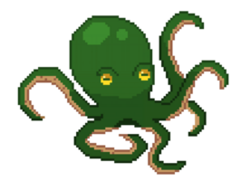 een 8-bits retro-stijl pixel-art illustratie van een groen Octopus. png