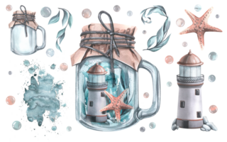 faro. algas marinas y estrella de mar en un vaso frasco. acuarela ilustración. elementos desde el colección de ballenas para el diseño y decoración de huellas dactilares, pegatinas, carteles, postales png