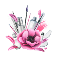 rosado cosmético bolso con belleza maestría herramientas para laminado pestañas, con cepillos, silicona rodillos, parches acuarela ilustración, mano dibujado. aislado composición png