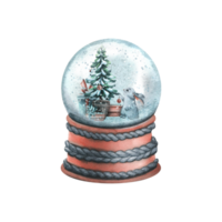 Snow globe with gift boxes, christmas tree and a cute bunny. Watercolor illustration, hand drawn. Isolated object png