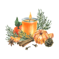 Christmas candle orange with tangerines, pine branch and cone, cinnamon spices, anise star and cloves. Watercolor illustration, hand drawn. Isolated composition png