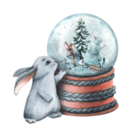 A snow glass ball on a stand with a Christmas tree, a snowman and gifts inside with a rabbit next to it. Watercolor illustration, hand drawn. Isolated composition png