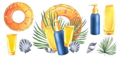 Inflatable swim ring with orange slice print with sunscreen, palm leaves, seashells. Watercolor illustration, hand drawn. Set of isolated compositions and elements png