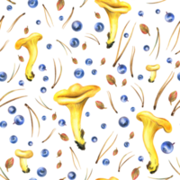 Forest edible chanterelle mushrooms are yellow with blueberries, autumn leaves and pine needles. Watercolor illustration, hand drawn. Seamless pattern png