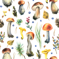 Forest edible mushrooms boletus and chanterelles with blueberries, lingonberries, autumn leaves and twigs. Watercolor illustration, hand drawn. Seamless pattern png