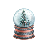 Snow glass ball on a stand with a Christmas tree and gifts inside. Watercolor illustration, hand drawn. Isolated object png