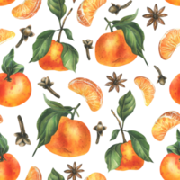 Tangerines with whole leaves and slices with spices, star anise and cloves. Watercolor illustration, hand drawn. Winter, Christmas seamless pattern png