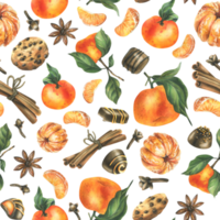 Orange whole and peeled tangerines with spice leaves, cookies and chocolates. Watercolor illustration, hand drawn. Seamless pattern png