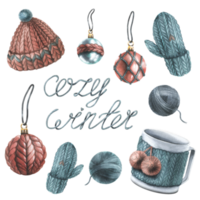 Knitted hat with mittens, a mug, Christmas balls and balls of thread with the inscription cozy winter. Watercolor illustration, hand drawn. Set of isolated objects png