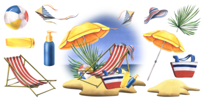 Sandy beach with sun umbrella, striped sun lounger and kite against sea and sky. watercolor illustration, hand drawn. Isolated summer composition with elements png