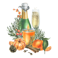 Christmas decor with tangerines, champagne. sweets and pine branches. Watercolor illustration, hand drawn. For congratulations and holiday. Isolated composition png