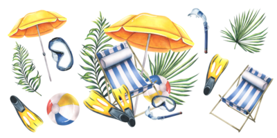 Beach chair with umbrella, beach ball, snorkel mask, fins and tropical leaves. Set of summer, bright watercolor illustrations, hand drawn, isolated png