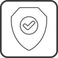 Shield check mark icon in thin line black square frames. png