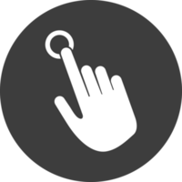 Hand pointing icon in black circle. png