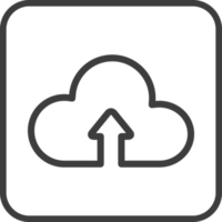 Cloud upload icon in thin line black square frames. png