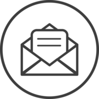 Email message icon in thin line black circle frames. png