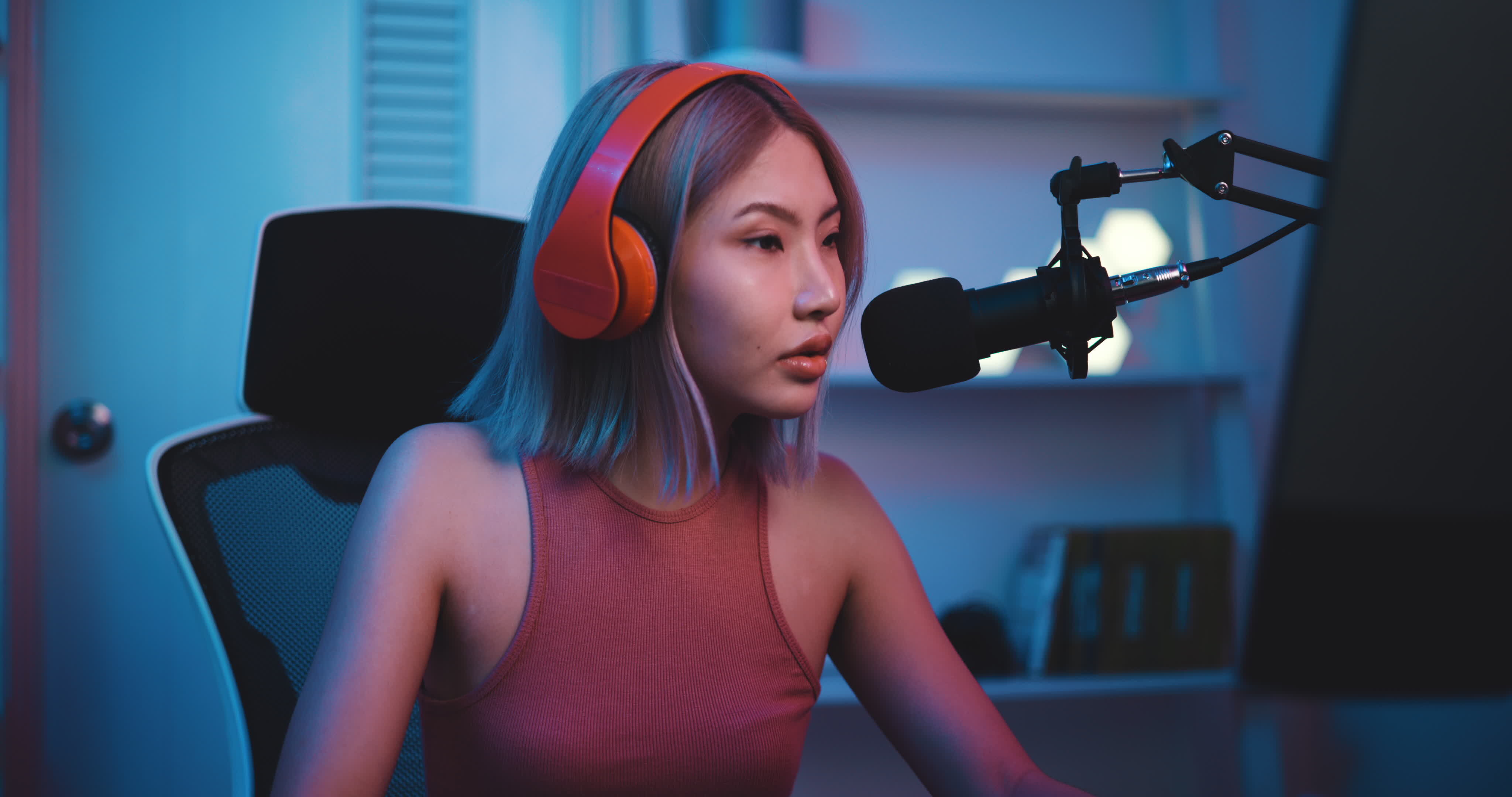 Asian Cute Girl Streaming Play Game Online Using Controller and Talking  with Fan Club from Microphone and Headset in Gamer Neon Stock Photo - Image  of internet, cheerful: 282549384