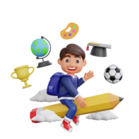 3d cute character flying up on a pencil Back to school concept png