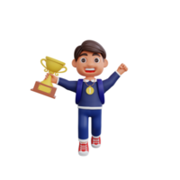 3d cute character champion get trophy and medal Back to school concept png