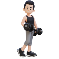 3d desportivo masculino personagem exibindo legal em pé pose e segurando haltere com confiança png