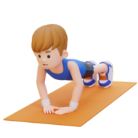 3d deportivo masculino personaje ejecutando cerca apretón empujar arriba ejercicio a hogar gimnasio png