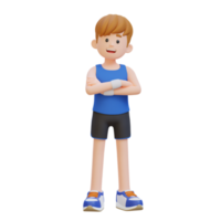 3d desportista personagem exalando confiança com braços cruzado pose dentro uma dinâmico configuração png