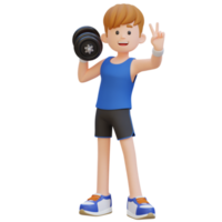 3D Sportsman Character Giving a Peace Sign While Holding Dumbbell png