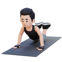 3d sportlich männlich Charakter meistern Knie drücken oben Übung beim Zuhause Fitnessstudio png