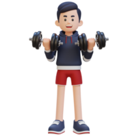 3d deportista personaje ejecutando bíceps rizo con pesa png