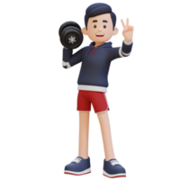 3D Sportsman Character Giving a Peace Sign While Holding Dumbbell png