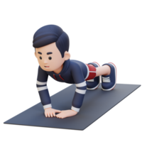 3d deportivo masculino personaje ejecutando cerca apretón empujar arriba ejercicio a hogar gimnasio png