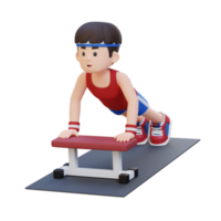 3d deportivo masculino personaje ejecutando en línea empujar arriba ejercicio a el gimnasio png