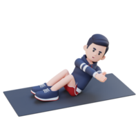 energético 3d deportivo masculino personaje atractivo en abdominales ruso giro rutina de ejercicio a el gimnasio png