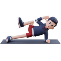 energisch 3d sportlich männlich Charakter nageln das Abs Seite Planke knirschen trainieren beim das Fitnessstudio png