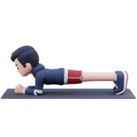 Dynamic 3D Sporty Male Character Mastering the Plank Exercise at Home Gym png