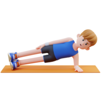 3d sportlich männlich Charakter nageln das Seite Planke Übung beim Zuhause Fitnessstudio png