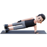 3d deportivo masculino personaje magnífico el lado tablón ejercicio a hogar gimnasio png