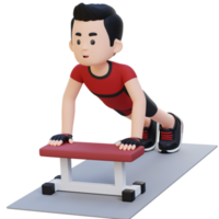 3d desportivo masculino personagem realizando na linha empurrar acima exercício às a Academia png