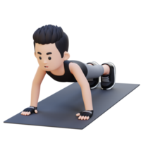 3d deportivo masculino personaje ejecutando estándar empujar arriba ejercicio a hogar gimnasio png