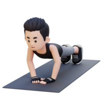 3d deportivo masculino personaje ejecutando cerca apretón empujar arriba ejercicio a hogar gimnasio png