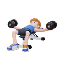 3d deportista personaje esculpir muscular cofre con pesa banco cofre mosca png