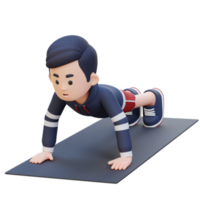 3d deportivo masculino personaje ejecutando estándar empujar arriba ejercicio a hogar gimnasio png