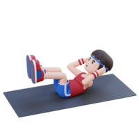 Perfecto abdominales 3d deportivo masculino personaje sobresaliendo en elevado pierna crujido a el gimnasio png