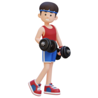 3d desportivo masculino personagem exibindo legal em pé pose e segurando haltere com confiança png