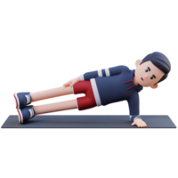 3d sportief mannetje karakter spijkeren de kant plank oefening Bij huis Sportschool png